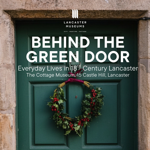 Poster with the same info as this page overlaid on a photo of a christmas wreath on a green-painted wooden front door in a sandstone wall.